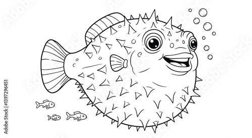 Friendly Pufferfish with Extended Spikes Smiles Widely Among Tiny Fish and Floating Bubbles Underwater