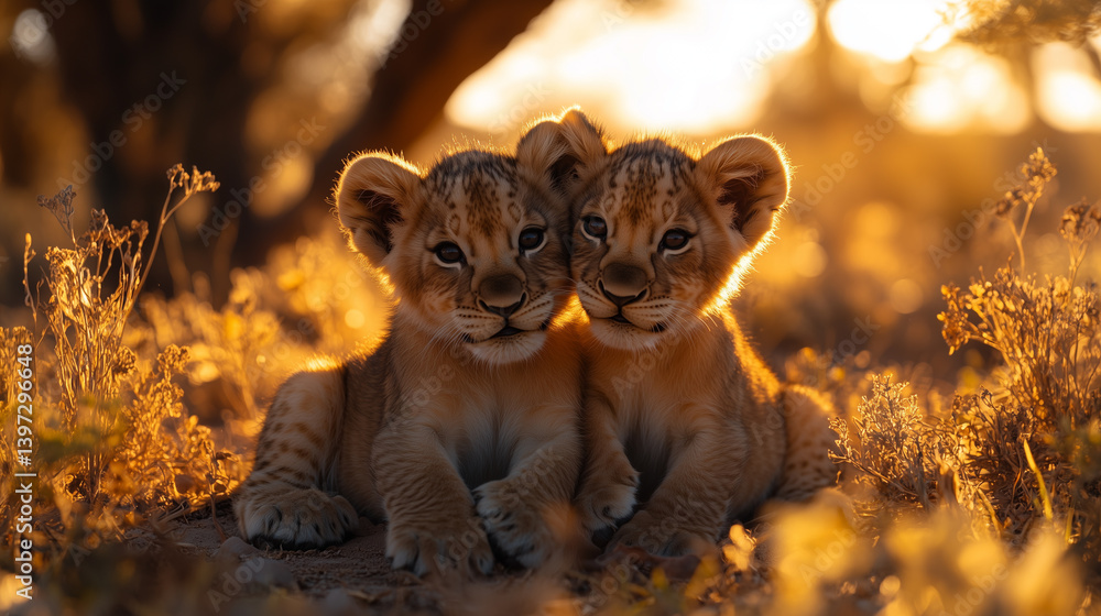 Obraz premium Affectionate Lion Cubs Cuddling Together in Golden Sunset Light