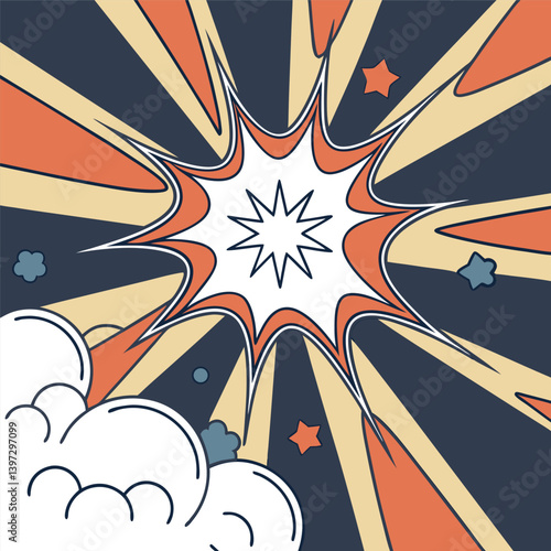 Comic style fire explosion with red star and burst design