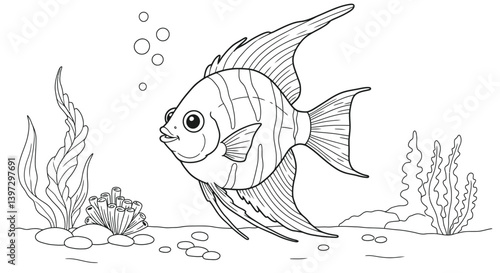 Elegant Angelfish Displays Flowing Fins and Happy Face Among Seaweed and Pebbles on Seabed Aquarium View