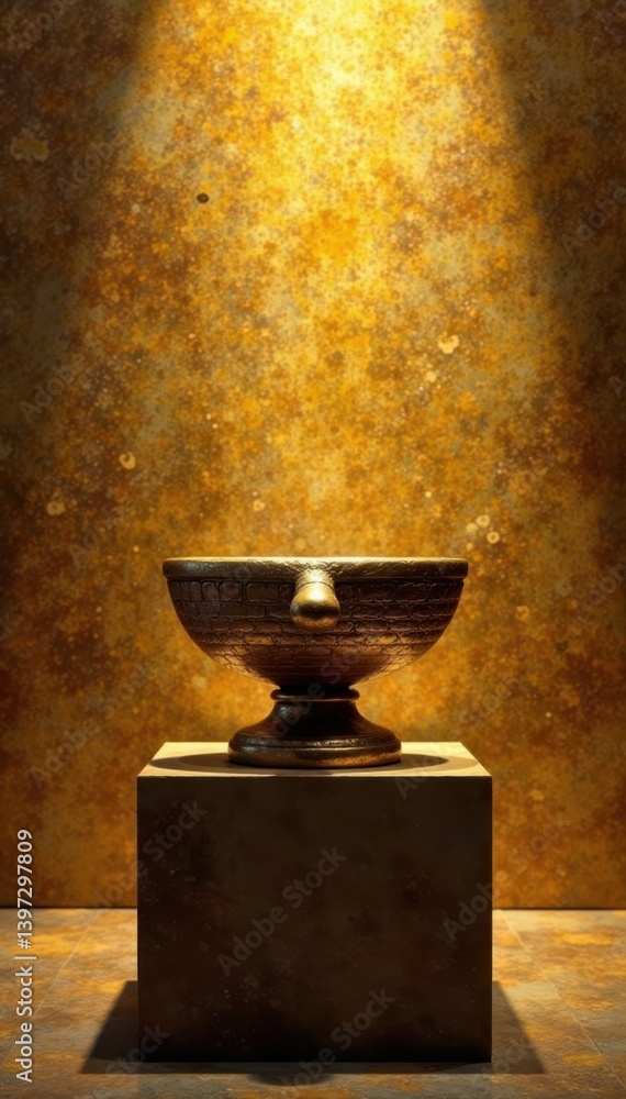 Mysterious ancient artifact on a pedestal against abstract gold background, gold, relic Mysterious ancient artifact on a pedestal against abstract gold background, gold, relic