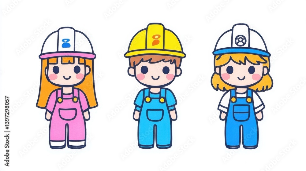 Cute Cartoon Characters in Construction Hats, Diverse Children in Colorful Overalls, Friendly and Playful Design Cute Cartoon Characters in Construction Hats, Diverse Children in Colorful Overalls, Friendly and Playful Design