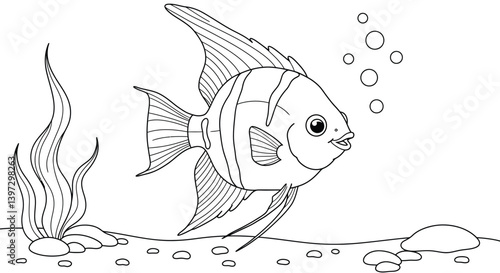 Graceful Angelfish with Beautiful Long Fins Smiles Near Aquatic Plants and Pebbles Freshwater Tank Scene