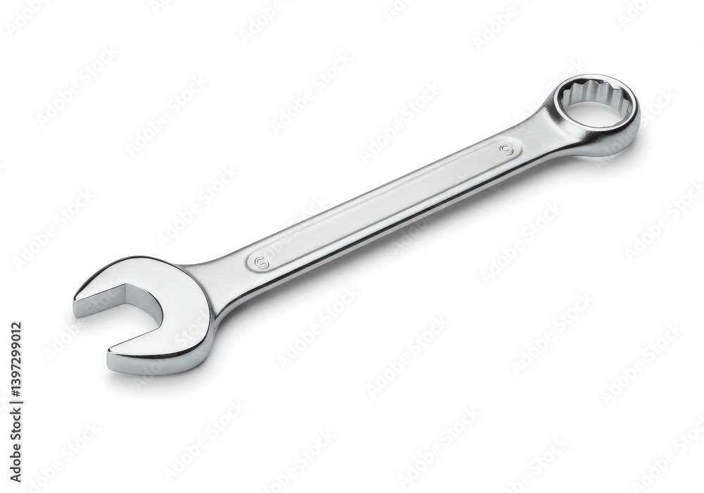 Silver open-ended combination wrench isolated on white background for mechanical maintenance work Silver open-ended combination wrench isolated on white background for mechanical maintenance work