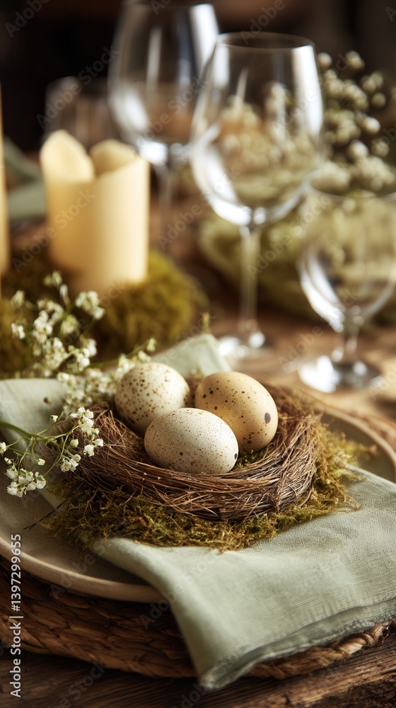 Fototapeta premium Decorative table setting with quail eggs in a nest surrounded by floral accents for an elegant spring gathering