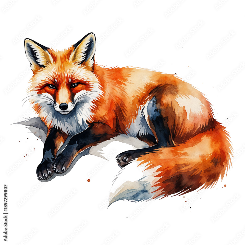 Fototapeta premium Watercolor Fox Lying on the Ground with Relaxed Expression