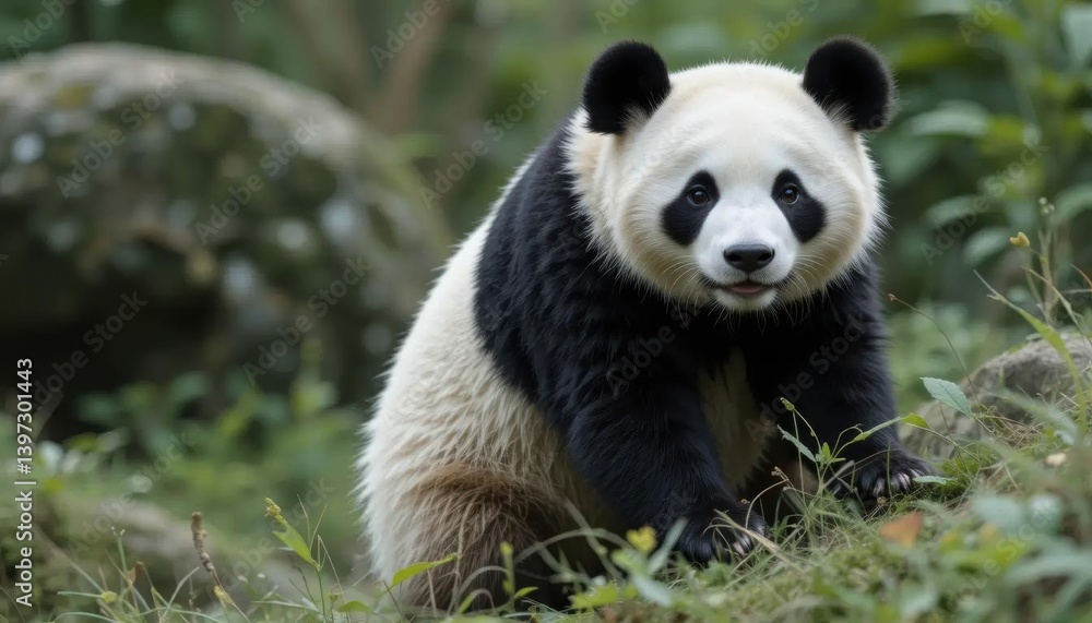 Gentle Giant Panda in Lush Green Forest Habitat Gentle Giant Panda in Lush Green Forest Habitat