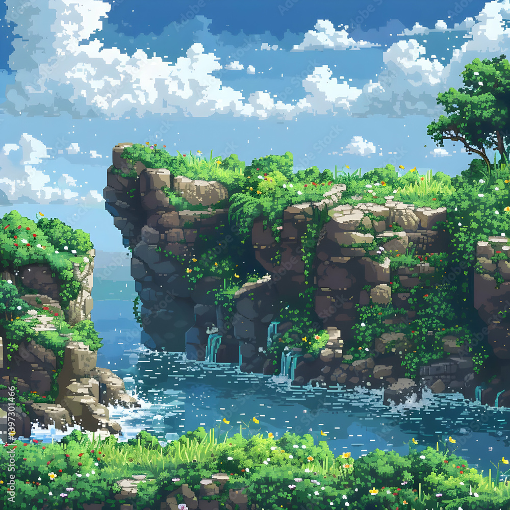 Fototapeta premium Scenic Pixel Art Landscape of Cliffs with Lush Vegetation Overlooking a Blue Ocean with Cascading Waterfalls and Fluffy Clouds on the Horizon