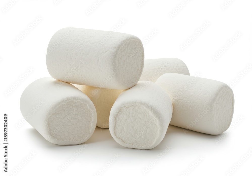 Pile of soft white marshmallows stacked on each other in a close-up shot against a plain background Pile of soft white marshmallows stacked on each other in a close-up shot against a plain background