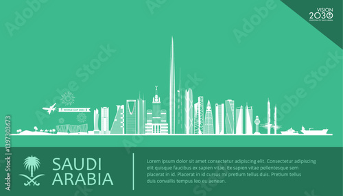 Saudi Arabia Vision 2030 cityscape vector illustration with future skysrcapers in beautiful line art. Saudi Arabia skyline and landmarks design. 