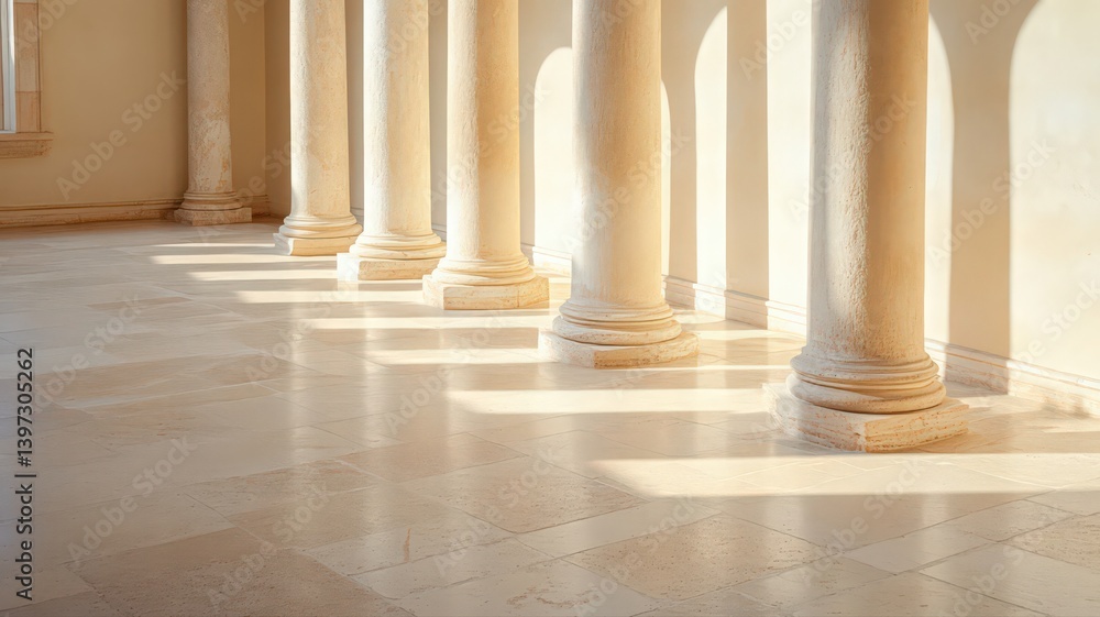 Sunlit Colonnade with Classic Columns and Beige Stone Floor Sunlit Colonnade with Classic Columns and Beige Stone Floor