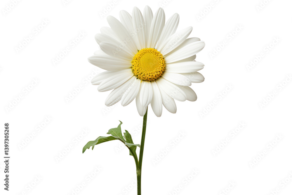 white daisy with a slender green stem positioned slightly off-center highlighting its natural elegance Isolated on white background white daisy with a slender green stem positioned slightly off-center highlighting its natural elegance Isolated on white background