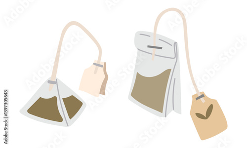 set of flat tea bags and pyramid. Green, black, triangular, rectangular, tea bags for brewing. bag with a label. It's time for tea. For hot drinks that can be brewed in water. Color light illustration