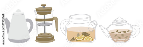 set of various glass teapots with tea leaves. Glass, porcelain, transparent teapot for brewing. indoor, outdoor kettle with tea. kettle for traditional cozy tea party. Flat vector color illustration