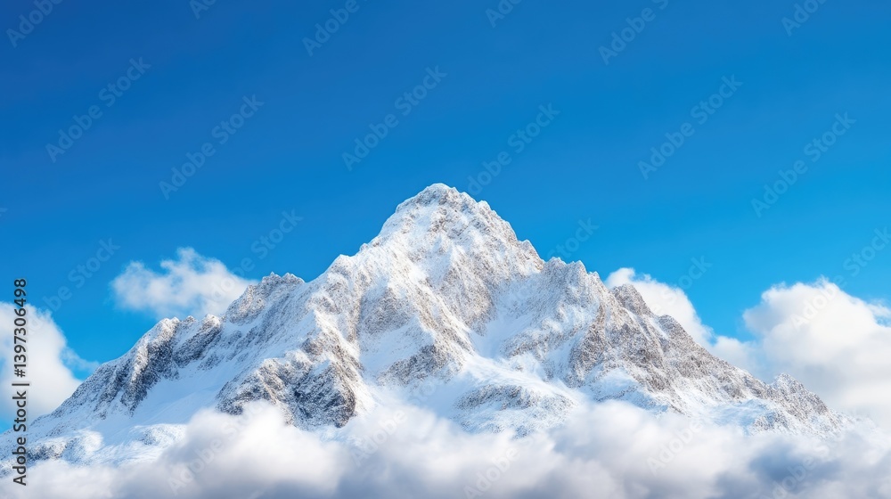 Snowy mountain peak, bright blue sky, fluffy clouds Snowy mountain peak, bright blue sky, fluffy clouds
