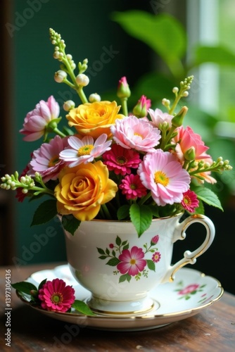 Wallpaper Mural lush greenery and colorful flowers in a vintage tea cup, nature, cup, arrangement Torontodigital.ca