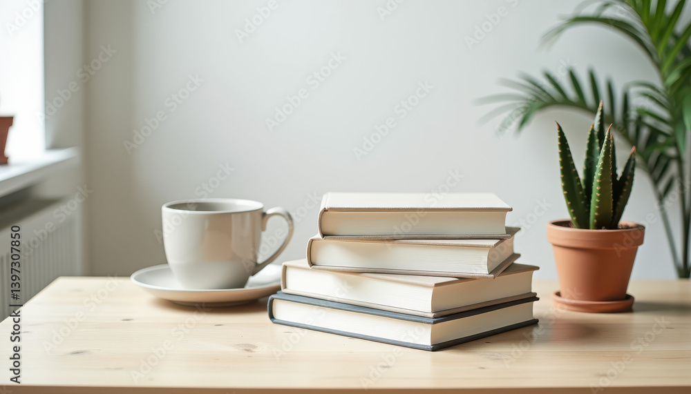 Books Stack. Books pile and coffee cup on light wood desk with potted cactus plant Books Stack. Books pile and coffee cup on light wood desk with potted cactus plant