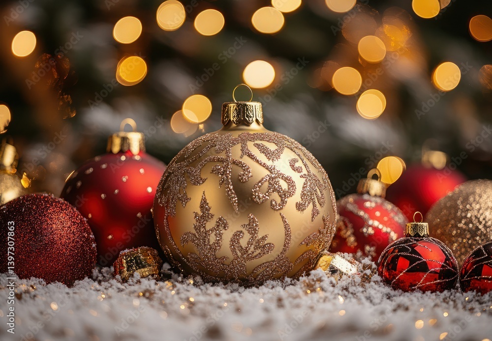 Beautifully Decorated Christmas Ornaments on Snowy Background with Glowing Bokeh Lights Beautifully Decorated Christmas Ornaments on Snowy Background with Glowing Bokeh Lights