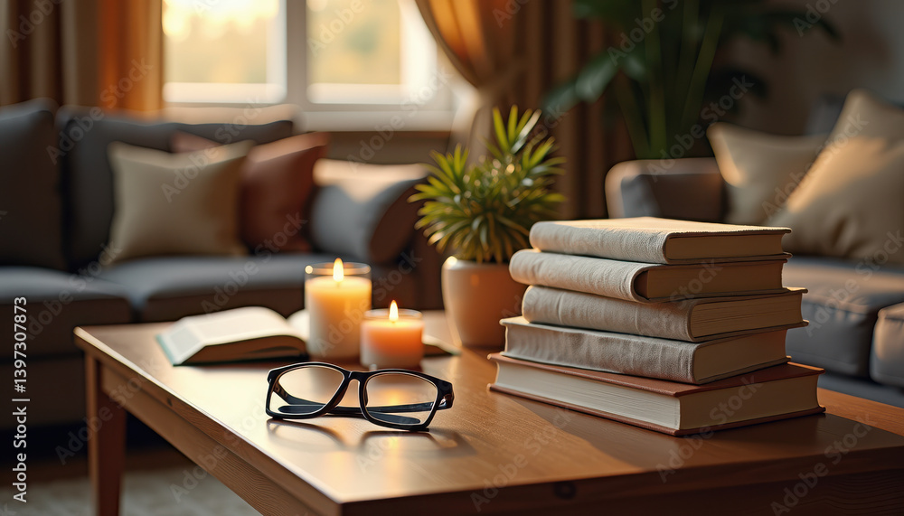 Books Stack. Cozy reading corner with books, candlelight, and warm sofa background Books Stack. Cozy reading corner with books, candlelight, and warm sofa background