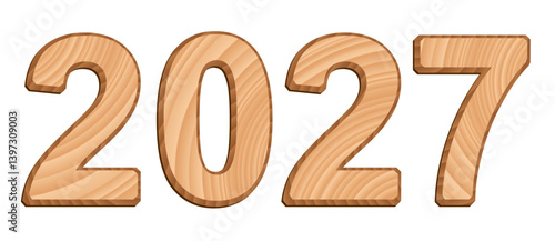 Vector digits isolated on white background. Set of three-dimensional numerals with texture of wood