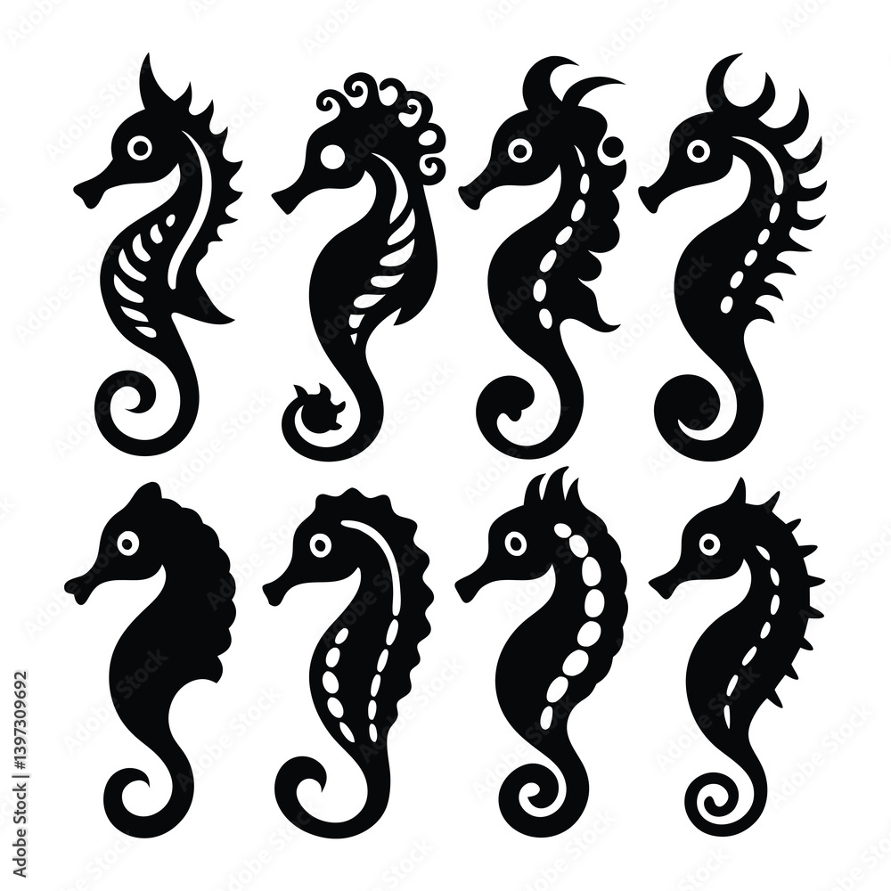 seahorse line art icons of silhouette vector illustration on white background seahorse line art icons of silhouette vector illustration on white background