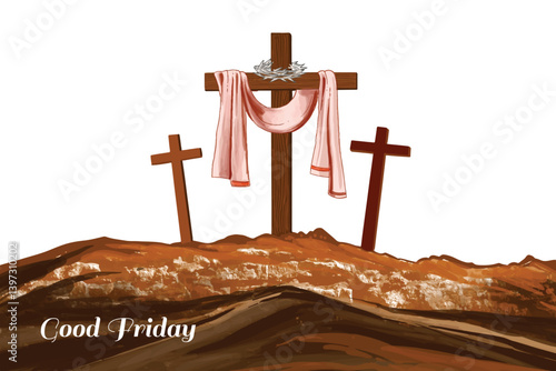 Three crosses with a cloth hanging from the top good friday design