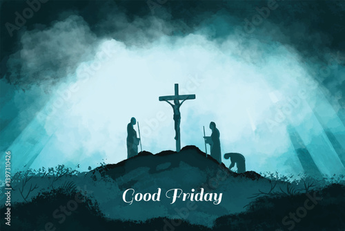 Jesus christ on the cross with praying monks on calvary hill card background