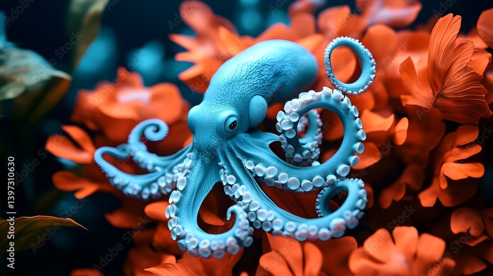 Fototapeta premium Vivid Blue Octopus Emerging Among Colorful Flowers in Artwork
