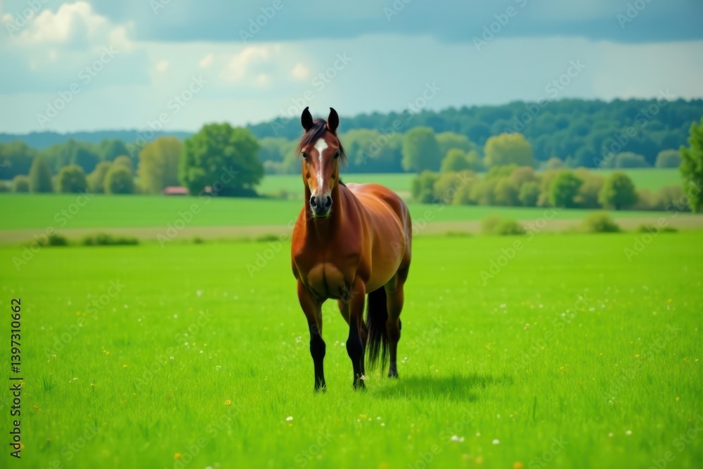 Horse standing in a green meadow, meadow, open fields Horse standing in a green meadow, meadow, open fields