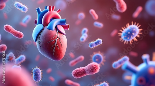 A detailed 3D medical illustration depicts a human heart surrounded by numerous bacteria visualizing the concept of bacterial endocarditis a serious heart infection caused by