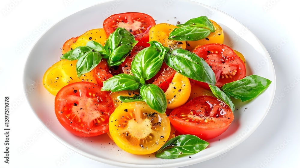 Fresh Tomato and Basil Salad on White Plate with Black Pepper Fresh Tomato and Basil Salad on White Plate with Black Pepper