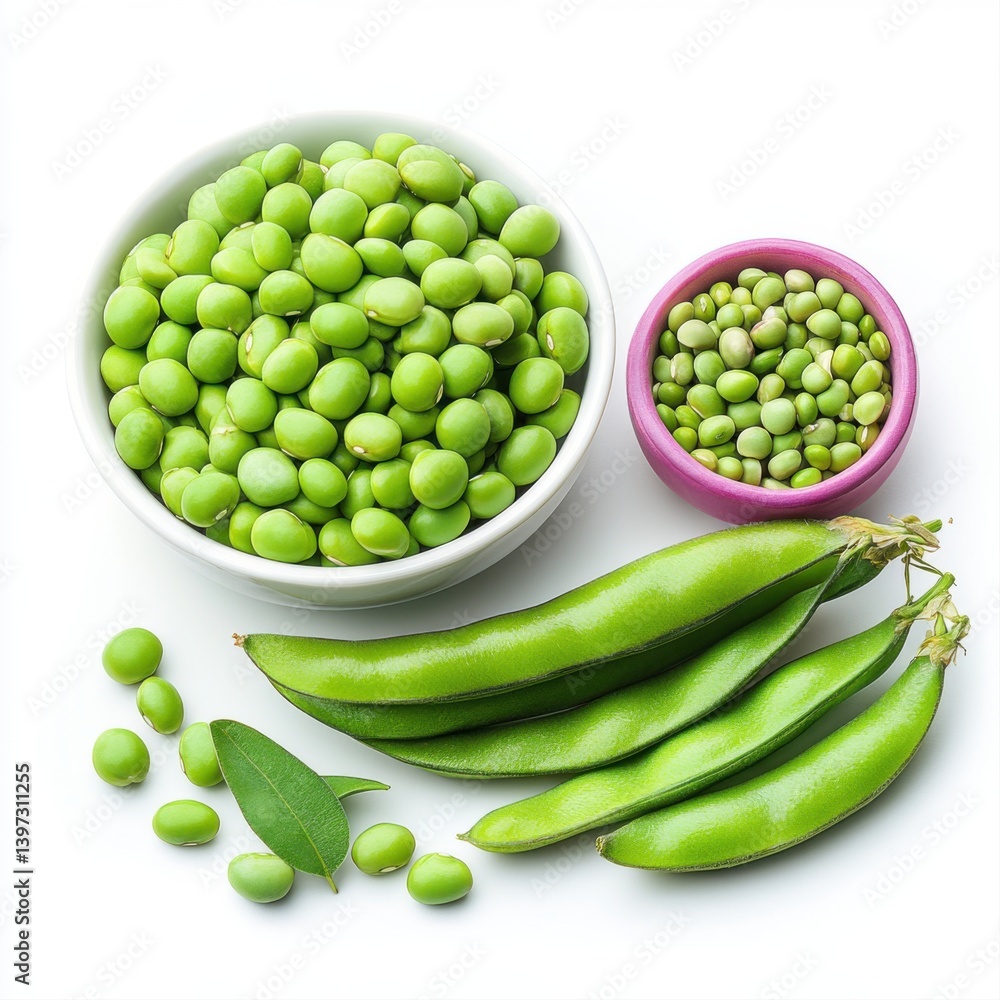 Fresh Green Peas in Bowls with Pods on White Background for Healthy Eating and Culinary Inspiration Fresh Green Peas in Bowls with Pods on White Background for Healthy Eating and Culinary Inspiration