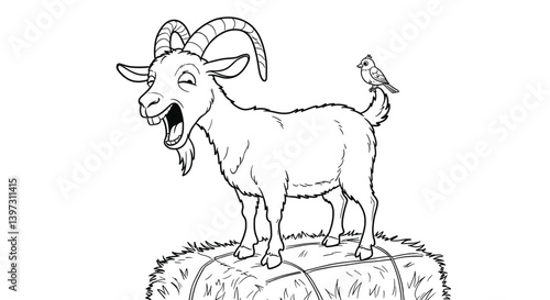 Laughing Goat Outline with Wide Open Mouth Standing Atop a Hay Bale Funny Farm Animal Character Sketch