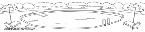 Swimming pool graphic black white landscape sketch long illustration vector 