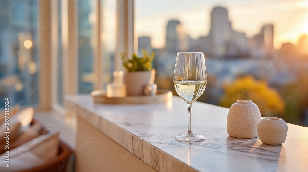 Penthouse Balcony View, City skyline with glass of wine on marble ledge, Urban Luxury Lifestyle Scene Penthouse Balcony View, City skyline with glass of wine on marble ledge, Urban Luxury Lifestyle Scene