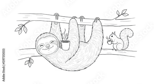 Smirking Sloth Outline Hanging Upside Down Holding Coffee Cup Squirrel Companion on Branch Funny Animal Scene
