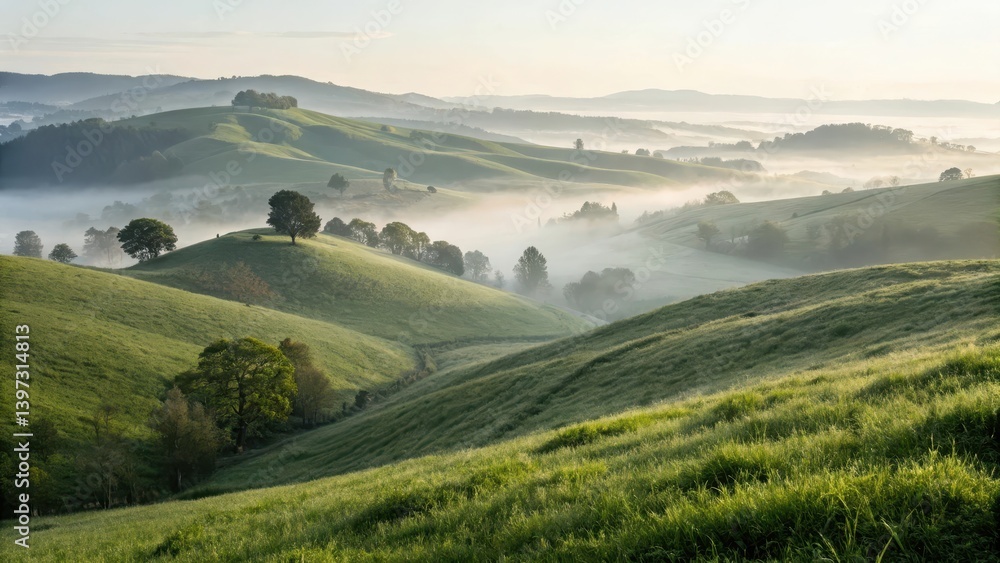 Obraz premium Serene rolling hills shrouded in morning mist under a soft sky.