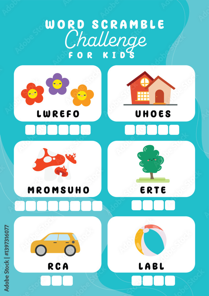 Printable worksheet for kids to rearrange scrambled letters into correct words. Great for vocabulary building, spelling practice, and early literacy skills. Printable worksheet for kids to rearrange scrambled letters into correct words. Great for vocabulary building, spelling practice, and early literacy skills.