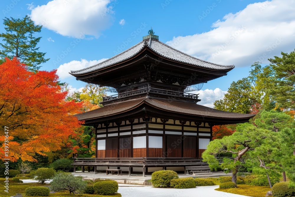 Serene zen temple surrounded by vibrant autumn foliage Serene zen temple surrounded by vibrant autumn foliage