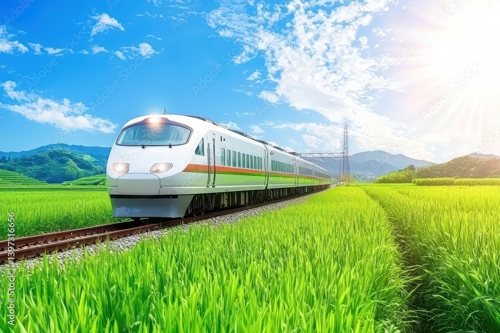 Modern train traveling through lush green landscape Modern train traveling through lush green landscape