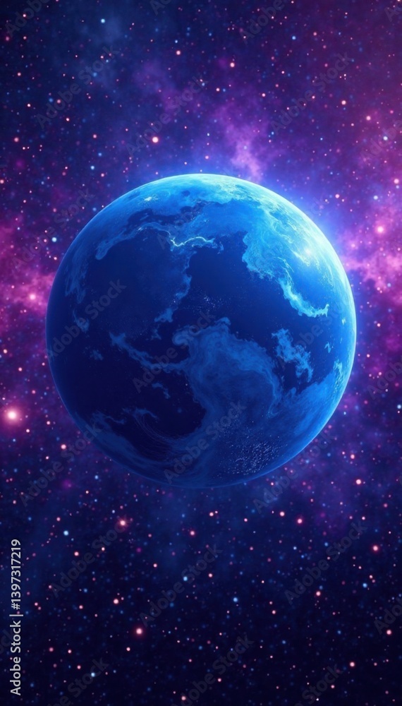 Glowing blue planet in front of vibrant nebula background, astronomy, space, celestial body Glowing blue planet in front of vibrant nebula background, astronomy, space, celestial body