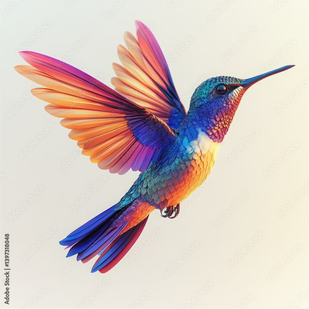 Obraz premium Vibrant Hummingbird with Colorful Feathers in Flight Captured Against a Soft Background