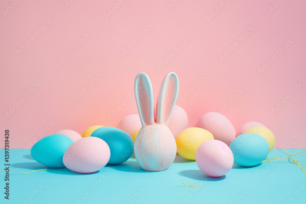 Cute Minimalist Easter Scene with Toy Bunny and Soft Pastel Accents. Elegant Spring Concept Art. Generative AI Cute Minimalist Easter Scene with Toy Bunny and Soft Pastel Accents. Elegant Spring Concept Art. Generative AI