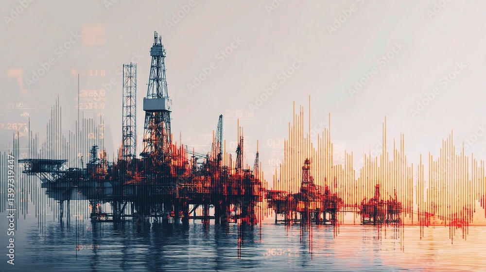 Fototapeta premium Economic Data Visualized with Oil Platform and Rising Trends Background