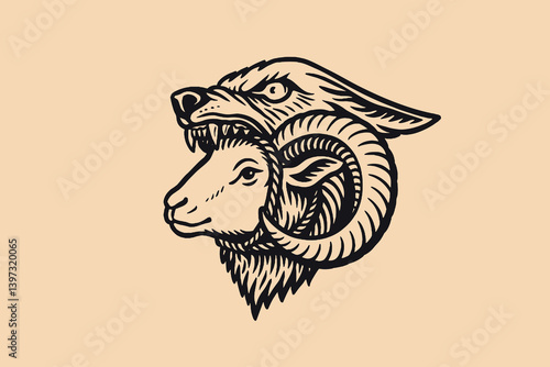 Vintage engraving of a wolf biting a ram's head in bold black ink