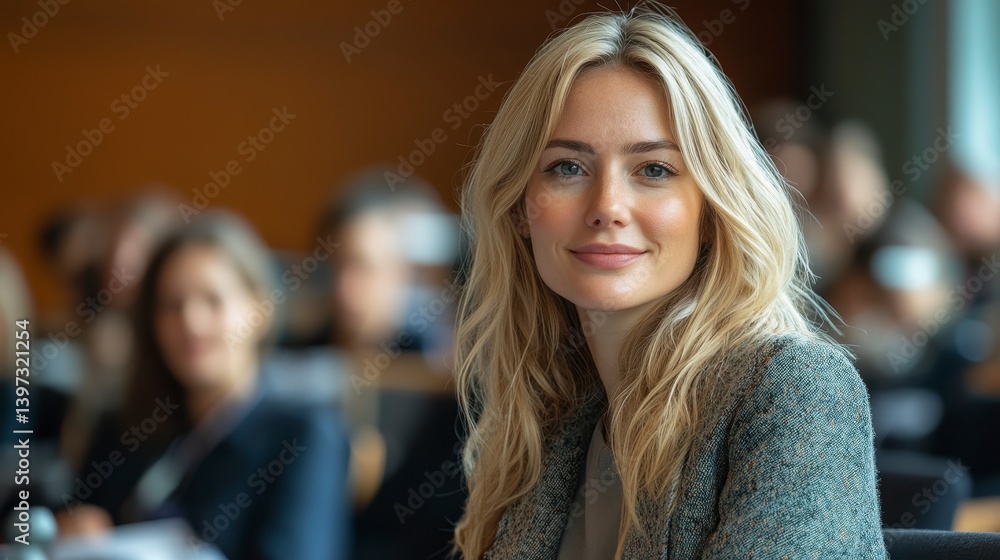 Fototapeta premium Blond woman smiles amid a crowd, wearing professional attire at a conference or meeting