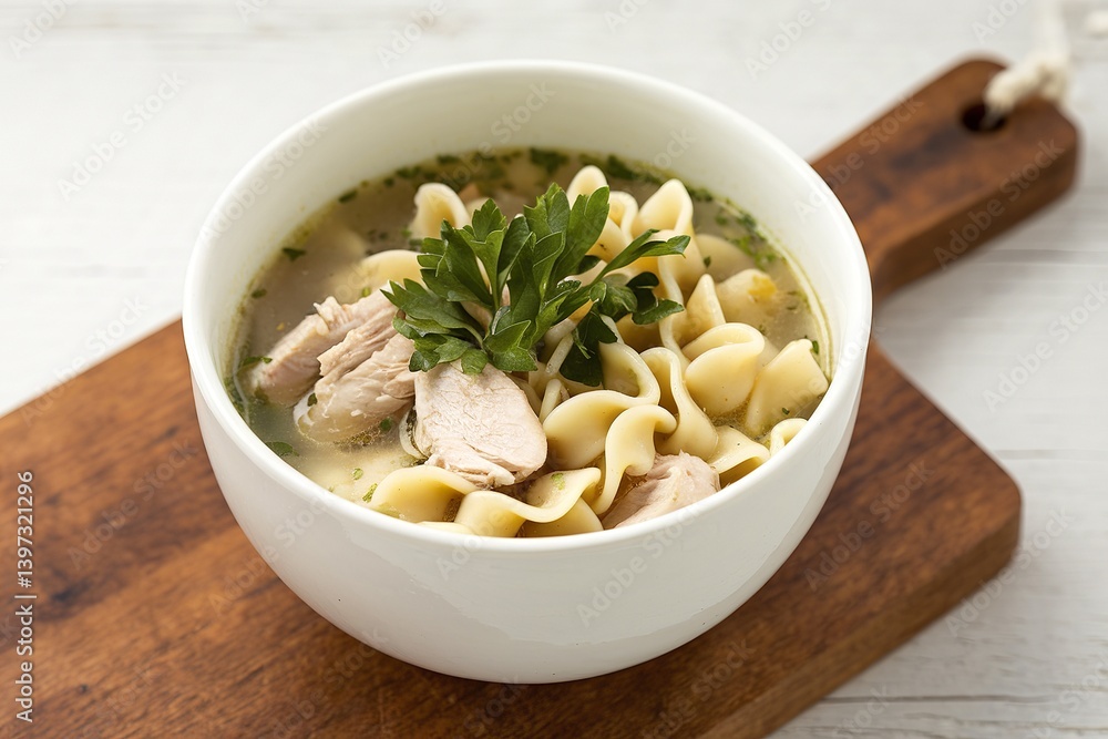 A photo of a white bowl containing chicken noodle soup A photo of a white bowl containing chicken noodle soup