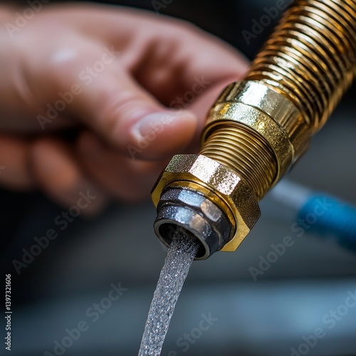 Brass Pipe Fitting - Close-up of Leaking Joint in Plumbing Repair