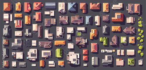 Top view city set with different houses, buildings, trees. Vector illustration eps10. Realistic landscape builder. Cartoon flat style. View from above. Roofs with solar panels.