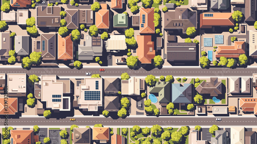Seamless pattern. Top view of the city with different houses, buildings, yards. Roads with cars. Vector illustration eps10. Realistic landscape. Cartoon flat style. View from above.